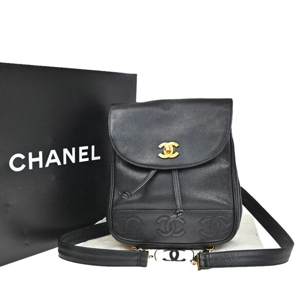 CHANEL Triple CC Chain Backpack Bag Grained Calfskin Leather BK VTG - Picture 1 of 16
